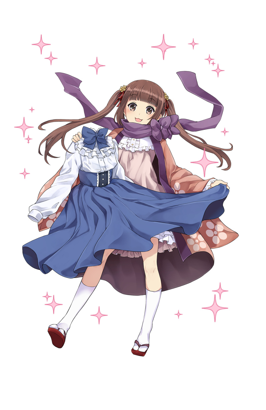 1girl brown_eyes brown_hair floral_print full_body highres holding_clothes kisaragi_(princess_principal) long_hair looking_at_viewer official_art princess_principal princess_principal_game_of_mission purple_scarf sandals scarf socks solo standing twintails white_legwear wide_sleeves