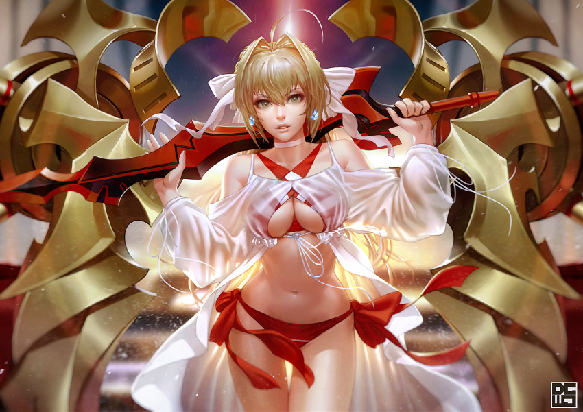 1girl aestus_estus ahoge artist_name bare_shoulders bikini blonde_hair breasts claws criss-cross_halter dcwj earrings fate/grand_order fate_(series) front-tie_top green_eyes halterneck hands_up holding holding_sword holding_weapon jewelry large_breasts light_particles light_smile lips looking_at_viewer navel nero_claudius_(swimsuit_caster)_(fate) parted_lips red_bikini see-through short_hair side-tie_bikini solo standing stomach striped_bikini_top swimsuit sword thigh_gap under_boob w_arms weapon white_choker