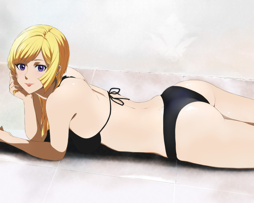 1girl absurdres ass bikini black_bikini blonde_hair breasts chin_rest earrings gundam gundam_tekketsu_no_orphans highres jewelry kudelia_aina_bernstein lipstick long_hair looking_at_viewer lying makeup medium_breasts on_stomach red_lipstick smile solo swimsuit tonotyama violet_eyes