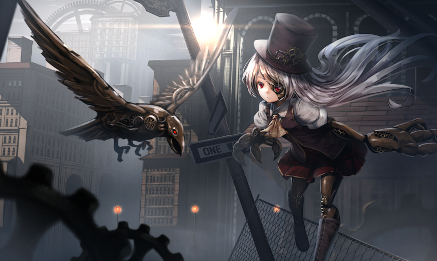 1girl ascot bangs boots building chain-link_fence collared_shirt expressionless fence gears hat highres lamppost lens_flare long_hair mechanical_arms mechanical_bird mechanical_eye mechanical_hands mechanical_legs original outdoors red_eyes road_sign ryosios shirt sign silver_hair steampunk steampunk_girl_(ryosios) swept_bangs top_hat