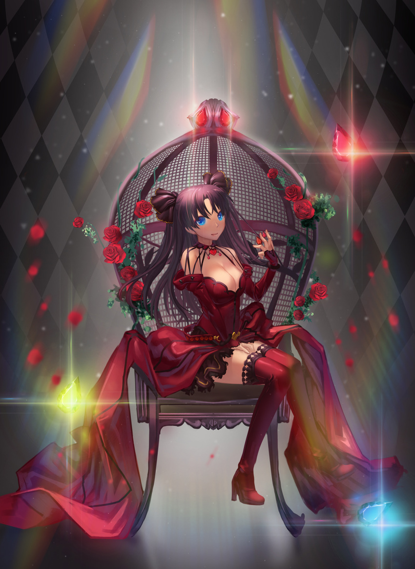 1girl black_ribbon blue_eyes boots breasts brown_hair checkered cleavage detached_sleeves dress fate/grand_order fate_(series) female formal formalcraft full_body hair_ribbon high_heel_boots high_heels highres kyoungi_nyang large_breasts long_hair looking_at_viewer red_boots red_dress ribbon sitting smile solo thigh-highs thigh_boots tohsaka_rin type-moon