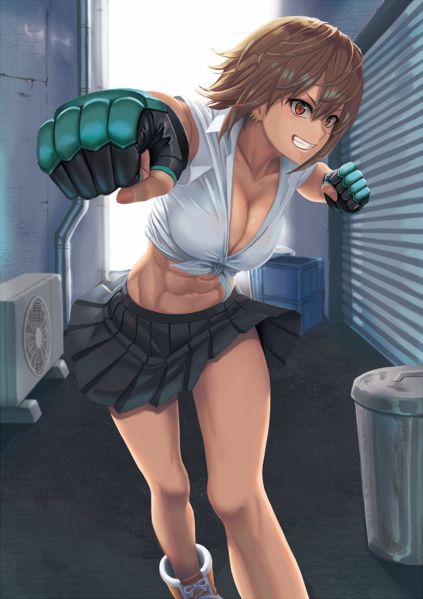 1girl abs air_conditioner alley black_skirt boxing_gloves breasts brown_hair cleavage clenched_hand clenched_teeth collarbone earrings grin highres jewelry large_breasts leaning_forward looking_at_viewer midriff miniskirt muscle muscular_female navel no_bra original outdoors pipe pleated_skirt punching punching_at_viewer ranma_(kamenrideroz) red_eyes school_uniform shirt short_hair skirt skirt_flip smile solo teeth tied_shirt tomboy trash_can