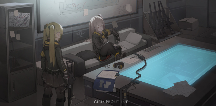 2girls brown_hair cabinet cable copyright_name couch girls_frontline gun headphones heibaise_jiangshi highres jacket multiple_girls one_side_up papers scar scar_across_eye siblings sisters sitting skirt standing submachine_gun table twintails ump45_(girls_frontline) ump9_(girls_frontline) weapon weapon_against_wall whiteboard