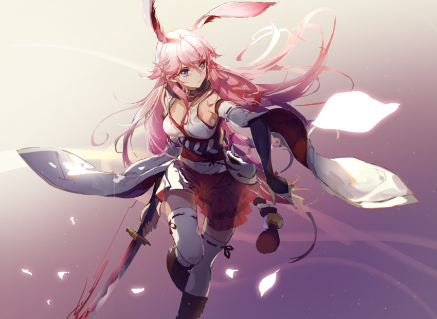 &gt;:( 1girl animal_ears bare_shoulders benghuai_xueyuan blue_eyes breasts closed_mouth detached_sleeves hair_between_eyes holding holding_sword holding_weapon japanese_clothes katana long_hair long_sleeves medium_breasts obi petals pink_hair rabbit_(tukenitian) rabbit_ears sash solo sword thigh-highs very_long_hair weapon white_legwear wide_sleeves yae_sakura_(benghuai_xueyuan)