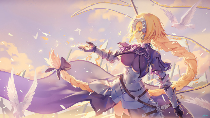 1girl armor atdan bangs bird black_legwear blonde_hair blue_eyes braid breasts closed_mouth day eyebrows_visible_through_hair fate/apocrypha fate_(series) faulds gauntlets hand_up highres large_breasts light_smile long_hair outdoors profile revision ruler_(fate/apocrypha) single_braid solo standard_bearer thigh-highs very_long_hair
