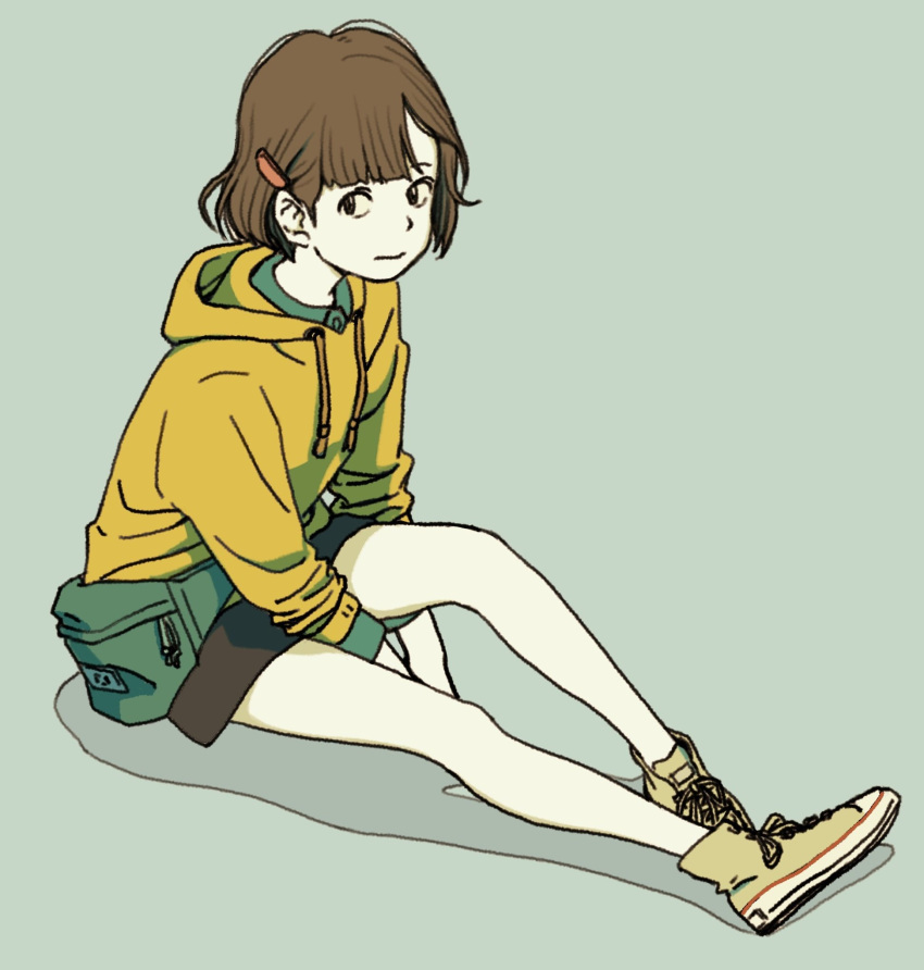 1girl black_skirt blue_background bob_cut brown_eyes brown_hair closed_mouth converse drawstring full_body highres hood hooded_jacket hoodie hosoo jacket long_sleeves looking_at_viewer shoes short_hair sitting skirt sleeves_pushed_up sneakers solo white_skin yellow_jacket yellow_shoes