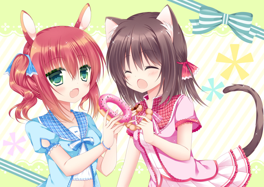 2girls :o animal_ears bangs blue_ribbon blue_shirt blush breasts brown_hair cat_ears cat_girl cat_tail closed_eyes collarbone commentary_request diagonal-striped_background doughnut eyebrows_visible_through_hair fang food frilled_skirt frilled_sleeves frills green_eyes hair_between_eyes hair_ribbon holding holding_doughnut holding_food lace_border long_hair looking_at_another multiple_girls open_mouth original pink_shirt pink_skirt plaid_collar pon_de_ring puffy_short_sleeves puffy_sleeves rabbit_ears red_ribbon redhead ribbon shikito shirt short_sleeves sidelocks skirt small_breasts striped striped_ribbon tail twintails upper_body