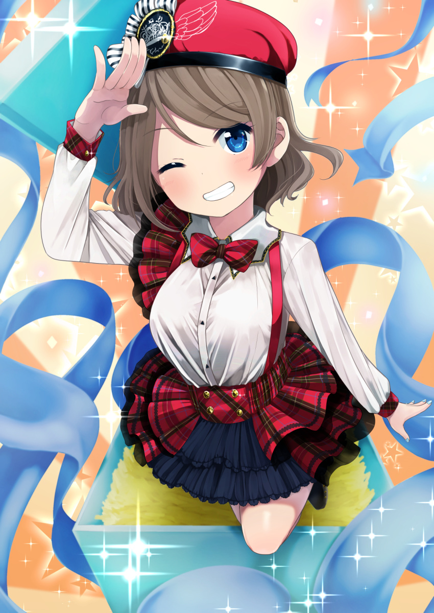1girl beret collared_shirt frilled_skirt frills genki_zenkai_day!_day!_day! grey_hair grin hat highres jumping long_sleeves love_live! love_live!_sunshine!! one_eye_closed plaid plaid_bowtie salute shirt short_hair skirt smile solo sparkle streamers suspender_skirt suspenders watanabe_you yuama_(drop)