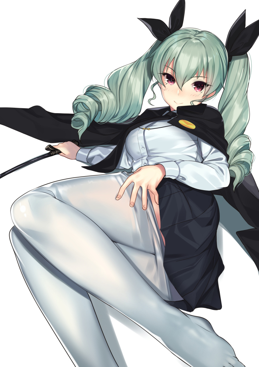 1girl anchovy anzio_school_uniform black_cape black_neckwear black_ribbon blush cape dress_shirt drill_hair girls_und_panzer green_hair hair_ribbon highres kagematsuri long_hair long_sleeves looking_at_viewer necktie no_shoes pantyhose pantyhose_pull red_eyes ribbon riding_crop shirt simple_background smile solo twin_drills twintails white_background white_legwear white_shirt