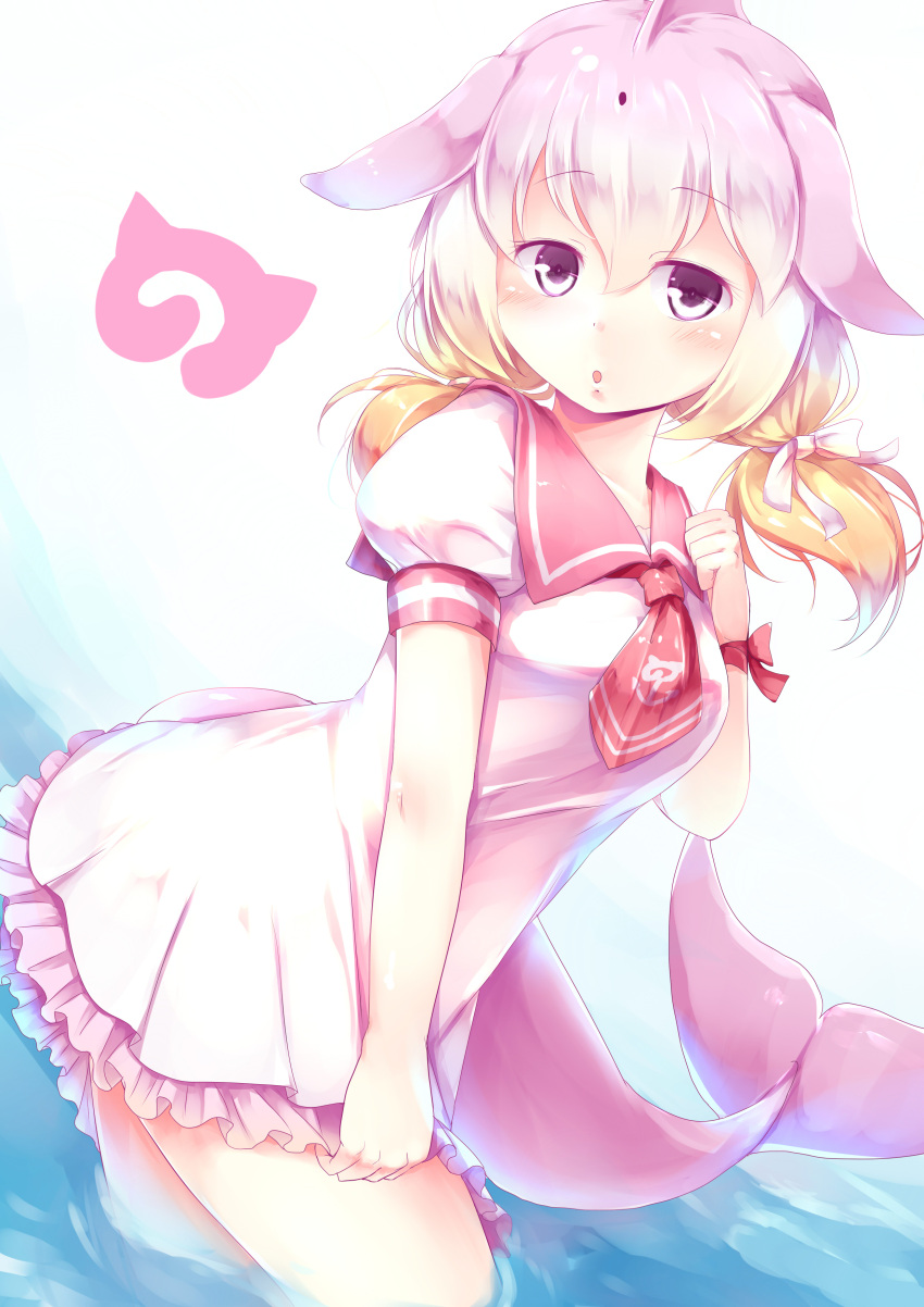 1girl absurdres blonde_hair breasts chinese_white_dolphin_(kemono_friends) dolphin_tail dress dutch_angle fins gradient gradient_hair hair_ribbon highres japari_symbol kanzakietc kemono_friends low_twintails medium_breasts multicolored_hair pink_eyes pink_hair puffy_short_sleeves puffy_sleeves ribbon sailor_dress short_hair short_sleeves solo tail twintails two-tone_hair white_dress white_ribbon