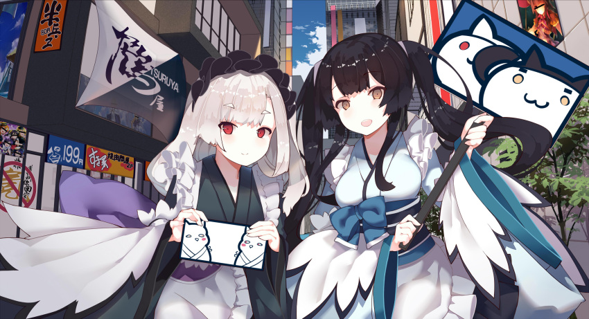 2girls :d albino animal_print apron bangs black_hair black_kimono blue_kimono blush breasts brown_eyes c: cat_print closed_mouth copyright_request day eyebrows_visible_through_hair frilled_apron frills hands_up highres holding holding_sign japanese_clothes kimono kimono_skirt long_hair looking_at_viewer maid_headdress medium_breasts multiple_girls obi open_mouth outdoors poster_(object) rain_lan red_eyes sash short_kimono sidelocks sign silver_hair smile storefront thick_eyebrows tsurime twintails wa_maid waist_apron wide_sleeves
