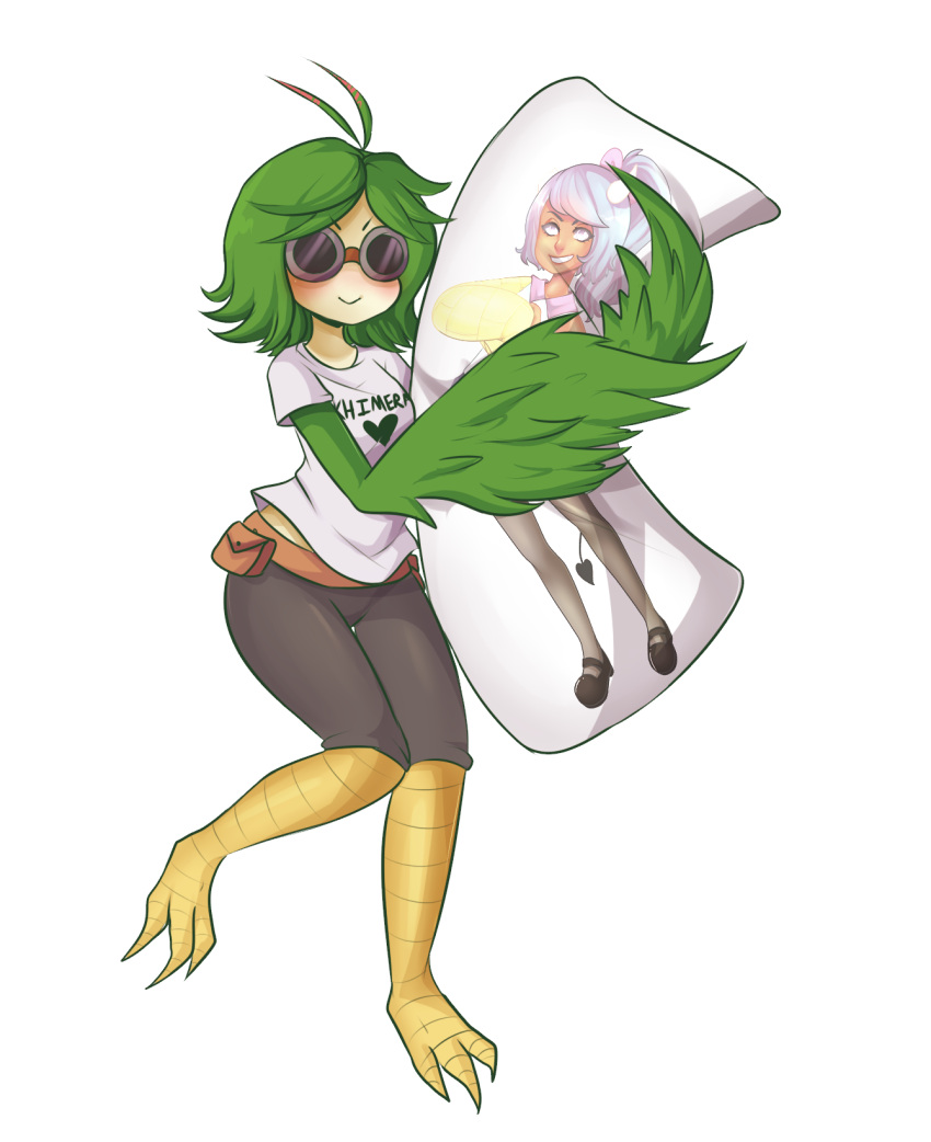 1girl amelia bird_wings body_pillow breasts buttingston chelshia chimera female goggles green_hair harpy highres hips hug khimera_destroy_all_monster_girls looking_at_viewer medium_breasts monster monster_girl object_hug short_hair short_sleeves solo thick_thighs thighs wings