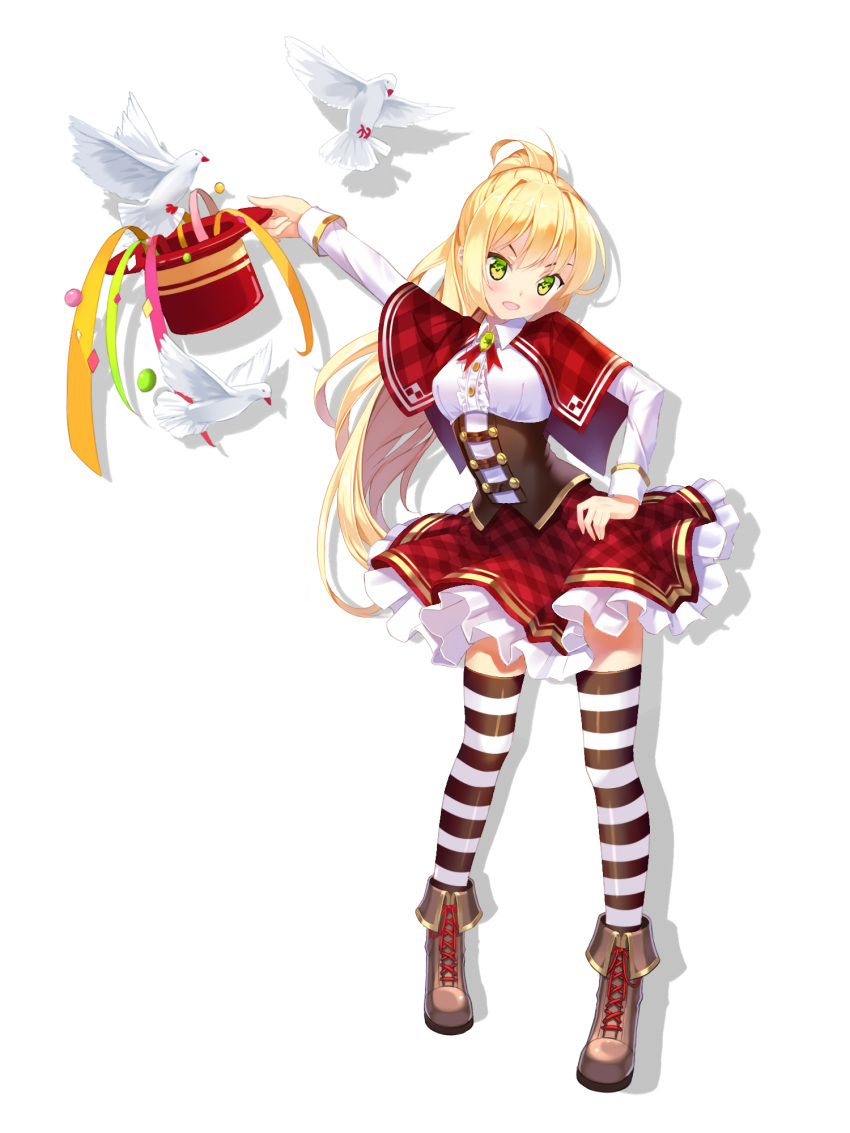 1girl apostate bangs bird blonde_hair boots capelet corset cross-laced_footwear dove frills full_body green_eyes hand_on_hip hat highres lace-up_boots long_hair looking_at_viewer magician plaid plaid_skirt ponytail skirt solo standing striped striped_legwear thigh-highs top_hat very_long_hair