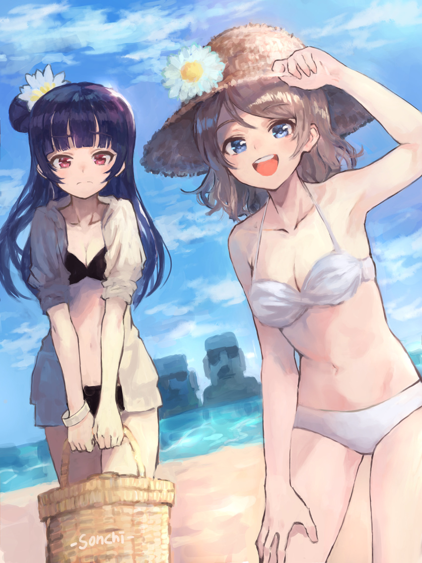 2girls bag beach bikini black_bikini blue_eyes blue_hair blue_sky breasts brown_hair clouds cowboy_shot dutch_angle hair_bun hat highres jacket long_hair looking_at_viewer love_live! love_live!_sunshine!! medium_breasts moai multiple_girls outdoors red_eyes short_hair side_bun sky sonchi sun_hat swimsuit tsushima_yoshiko watanabe_you white_bikini white_jacket