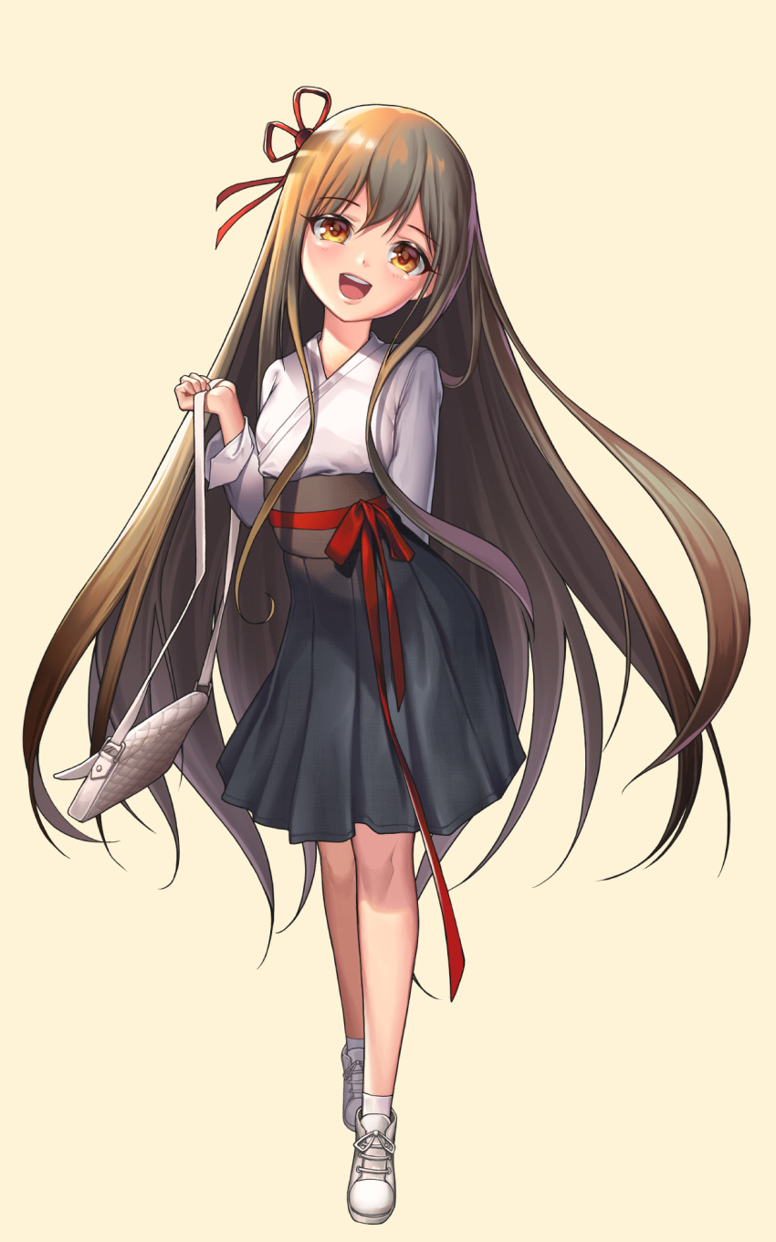 1girl absurdly_long_hair bag black_hair blush brown_eyes eyebrows_visible_through_hair full_body hair_ribbon handbag highres lee_seok_ho long_hair looking_at_viewer open_mouth original red_ribbon ribbon shoes smile sneakers socks solo teeth very_long_hair white_legwear