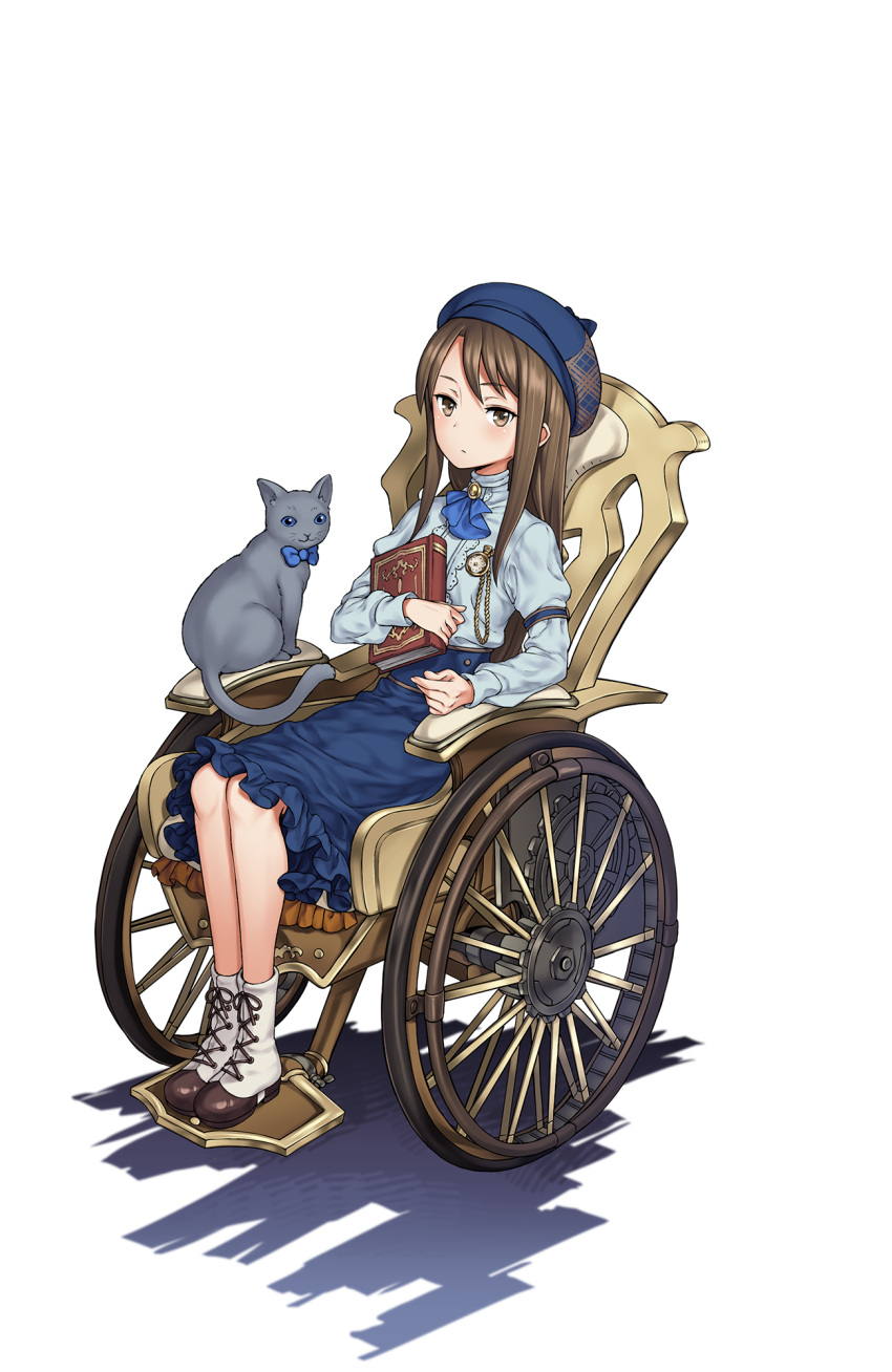 1girl black_cat blue_bow blue_dress blue_hat book bow brown_eyes brown_hair cat dress full_body hat highres long_hair looking_at_viewer official_art pocket_watch princess_principal princess_principal_game_of_mission shirley_collins shoes sitting solo transparent_background watch wheelchair white_shoes