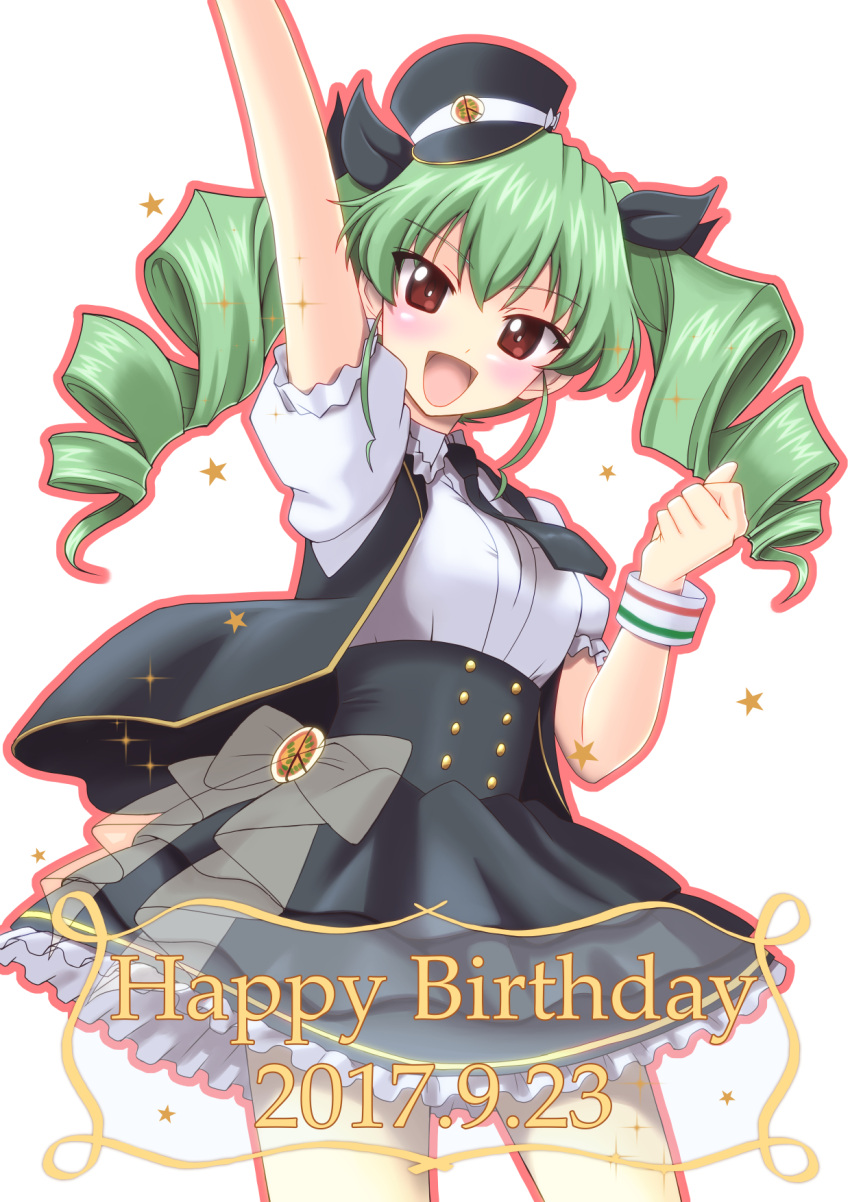 1girl :d anchovy anzio_(emblem) arm_up bangs black_hat black_neckwear black_ribbon black_skirt black_vest bracelet collared_shirt commentary_request cowboy_shot dated drill_hair emblem english eyebrows_visible_through_hair frilled_skirt frills girls_und_panzer green_hair hair_ribbon happy_birthday hat highres idol jewelry layered_skirt long_hair looking_at_viewer mini_hat miniskirt necktie open_clothes open_mouth open_vest puffy_short_sleeves puffy_sleeves red_eyes ribbon shirt short_sleeves sitting skirt smile solo star t_k twin_drills twintails vest white_shirt