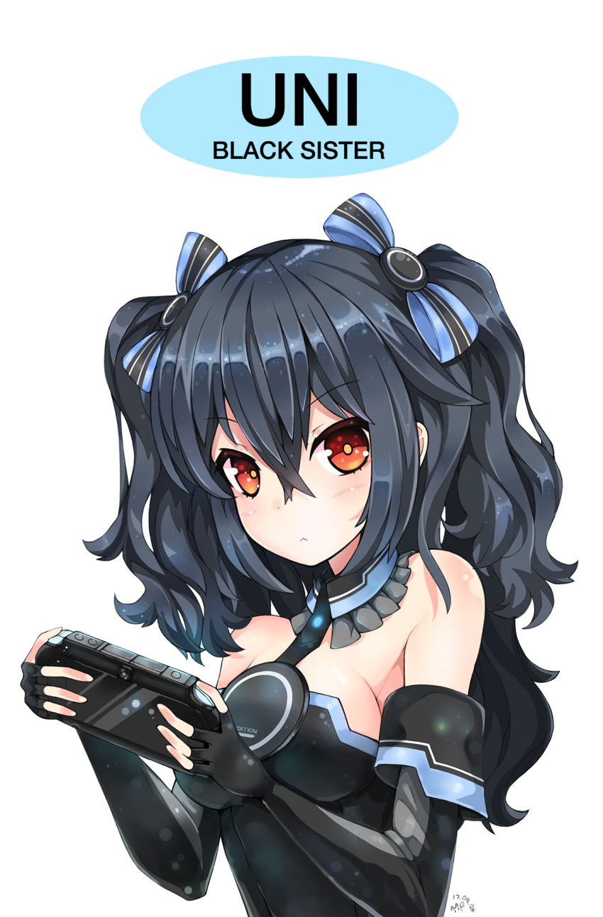1girl bare_shoulders black_hair blush hair_ornament hair_ribbon handheld_game_console highres long_hair looking_at_viewer neptune_(series) playing_games playstation_vita purerin red_eyes ribbon smile solo two_side_up uni_(choujigen_game_neptune) video_game