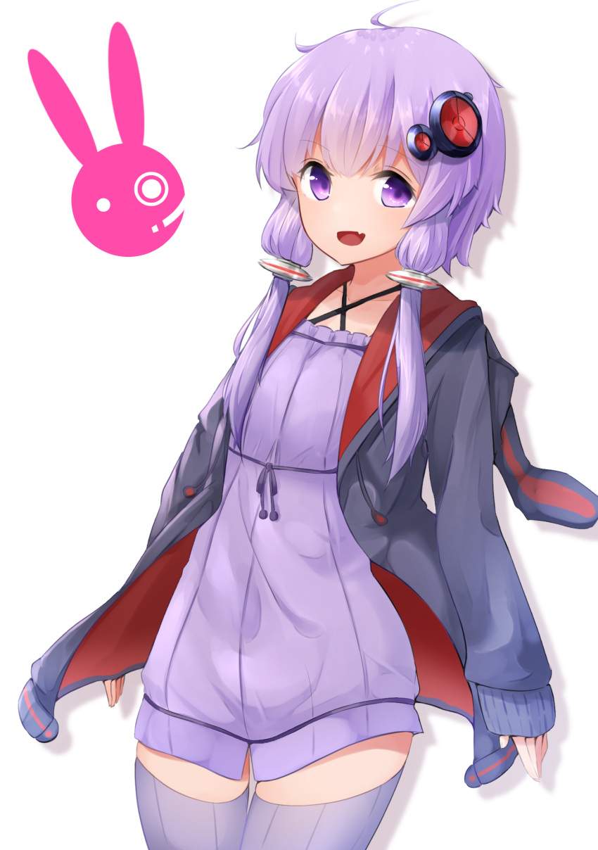 1girl :d ahoge animal_hood arms_at_sides bangs bunny_hood collarbone cowboy_shot dress eyebrows_visible_through_hair fang hair_ornament halterneck highres hood hood_down hooded_jacket jacket logo looking_at_viewer low_twintails open_mouth purple_dress purple_hair purple_legwear purple_ribbon rabbit ribbed_dress ribbed_legwear ribbon shadow short_hair_with_long_locks simple_background smile solo thigh-highs twintails violet_eyes vocaloid voiceroid white_background yusake_san yuzuki_yukari zettai_ryouiki