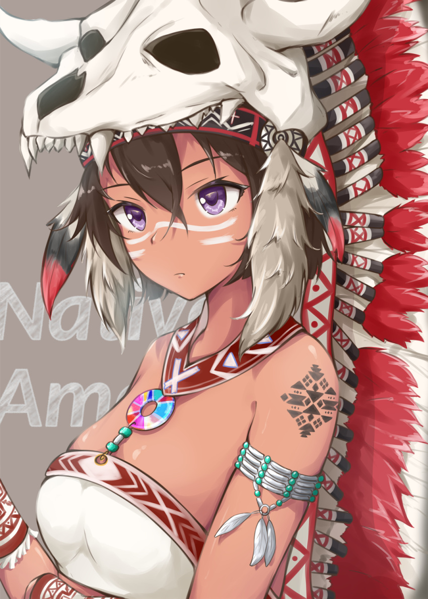 1girl animal_skull arm_tattoo armlet bangs breasts brown_hair dark_skin facepaint feathers grey_background hair_between_eyes headdress highres hoshimiya_mashiro jewelry looking_at_viewer medium_breasts native_american native_american_headdress necklace original short_hair simple_background skull skull_hat sleeveless solo tattoo upper_body violet_eyes wristband