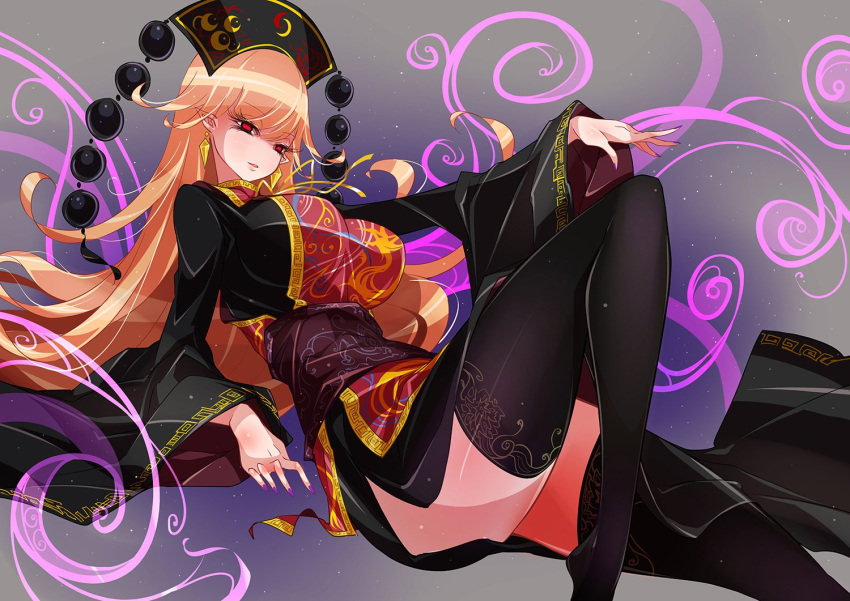 1girl bangs black_dress black_legwear breasts chinese_clothes crescent dress earrings empty_eyes energy flipped_hair hat jewelry junko_(touhou) large_breasts long_hair long_sleeves looking_at_viewer nail_polish orange_hair parted_lips purple_nails raptor7 red_eyes sash solo tabard thigh-highs touhou wide_sleeves