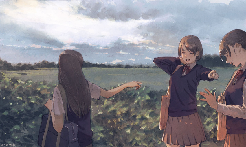 3girls arm_up arms_up bag black_hair black_skirt bow bowtie brown_skirt closed_eyes clouds cloudy_sky collared_shirt commentary_request day grass highres horizon long_hair long_sleeves multiple_girls open_eyes open_mouth original outdoors pleated_skirt pointing profile red_bow red_bowtie scenery school_bag school_uniform shirt short_hair short_sleeves skirt sky sunlight white_shirt zennosuke