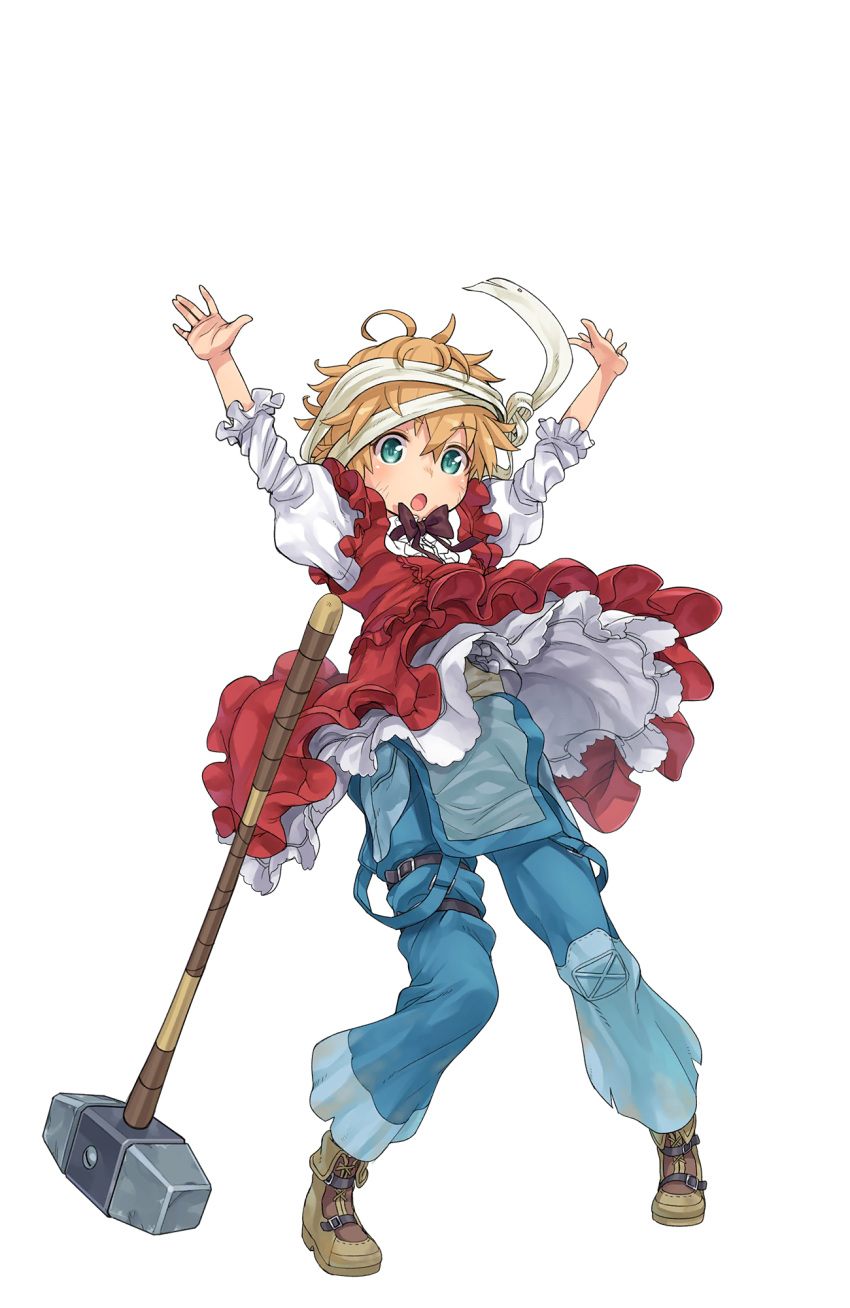 1girl :o ahoge arms_up black_bow blonde_hair blue_eyes bow brown_footwear denim dress frilled_dress frills full_body highres jan_stanton looking_at_viewer official_art overalls_removed princess_principal princess_principal_game_of_mission red_dress shoes short_hair sledgehammer standing
