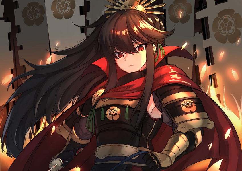 1girl armor banner brown_hair cape demon_archer fate_(series) gauntlets hair_ornament hand_on_hip holding holding_sword holding_weapon k_jin katana koha-ace long_hair looking_at_viewer ponytail red_eyes solo sword weapon