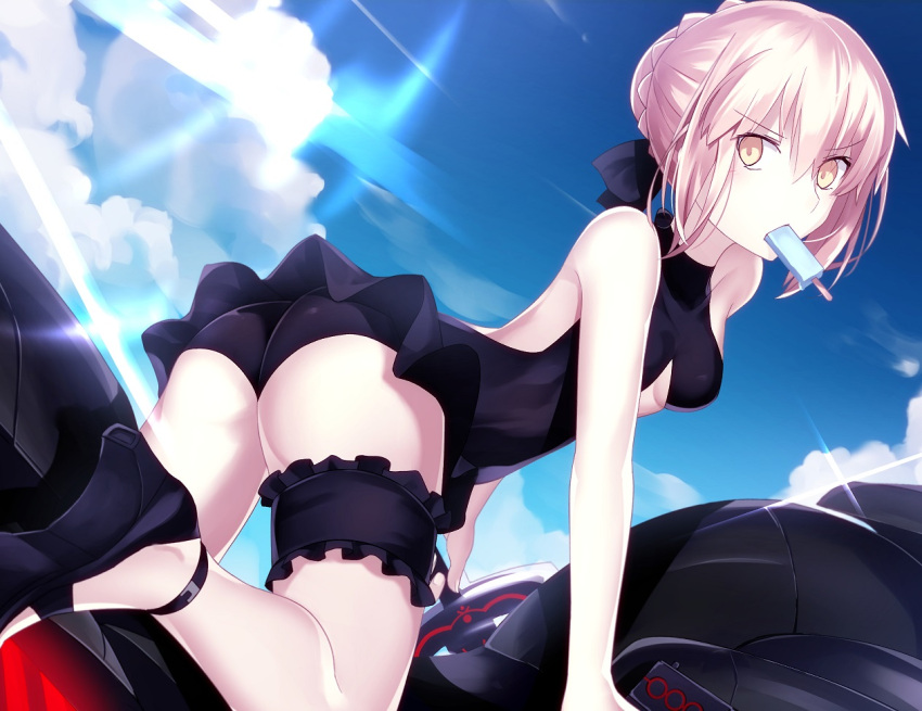 1girl artoria_pendragon_(all) ass bare_shoulders black_swimsuit blonde_hair blue_sky braid breasts clouds dark_excalibur diffraction_spikes dutch_angle eyebrows_visible_through_hair fate/stay_night fate_(series) food french_braid frills from_behind ground_vehicle hair_bun hair_ribbon high_heels looking_at_viewer looking_back medium_breasts minamina motor_vehicle motorcycle mouth_hold one-piece_swimsuit outdoors pale_skin popsicle ribbon riding saber_alter short_hair sky solo swimsuit sword thigh_strap weapon yellow_eyes