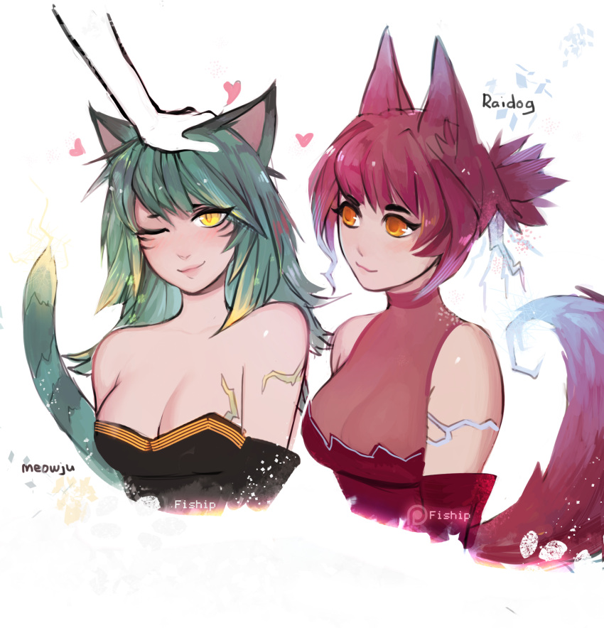 2girls :3 animal_ears bangs bare_shoulders black_dress blush breasts bright_pupils cleavage closed_mouth cropped_arms cropped_torso dress electricity eyebrows_visible_through_hair eyes_visible_through_hair facial_mark green_hair hand_on_another's_head highres long_hair looking_at_another looking_at_viewer matilda_vin medium_breasts multiple_girls orange_eyes original patreon_logo patreon_username petting pink_dress pink_hair see-through short_hair signature simple_background smile striped_tail tail white_background yellow_eyes