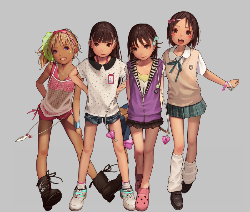 4girls black_footwear blonde_hair blush_stickers boots bow brown_eyes brown_hair clenched_teeth closed_mouth cross-laced_footwear dark_skin full_body green_bow green_skirt grey_background hair_bow hand_on_own_thigh hands_on_hip highres jacket kagamine-ikka long_hair looking_at_viewer miniskirt multiple_girls open_mouth original pink_bow plaid plaid_skirt polka_dot polka_dot_shirt purple_jacket shirt short_hair short_shorts shorts side_ponytail simple_background skirt smile socks standing teeth violet_eyes