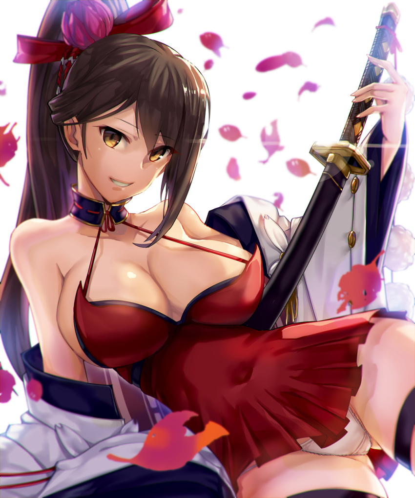 1girl arm_support azur_lane bangs bare_shoulders blurry blush breasts brown_hair cleavage collarbone covered_navel depth_of_field dress eyebrows_visible_through_hair falling_leaves gluteal_fold grin highres katana large_breasts leaf long_hair long_sleeves looking_at_viewer off_shoulder open_clothes panties parted_lips ponytail red_dress ribbon_trim satou_daiji sheath sheathed short_dress simple_background smile solo sword teeth thigh_strap underwear upskirt very_long_hair weapon white_background white_panties yellow_eyes zuikaku_(azur_lane)