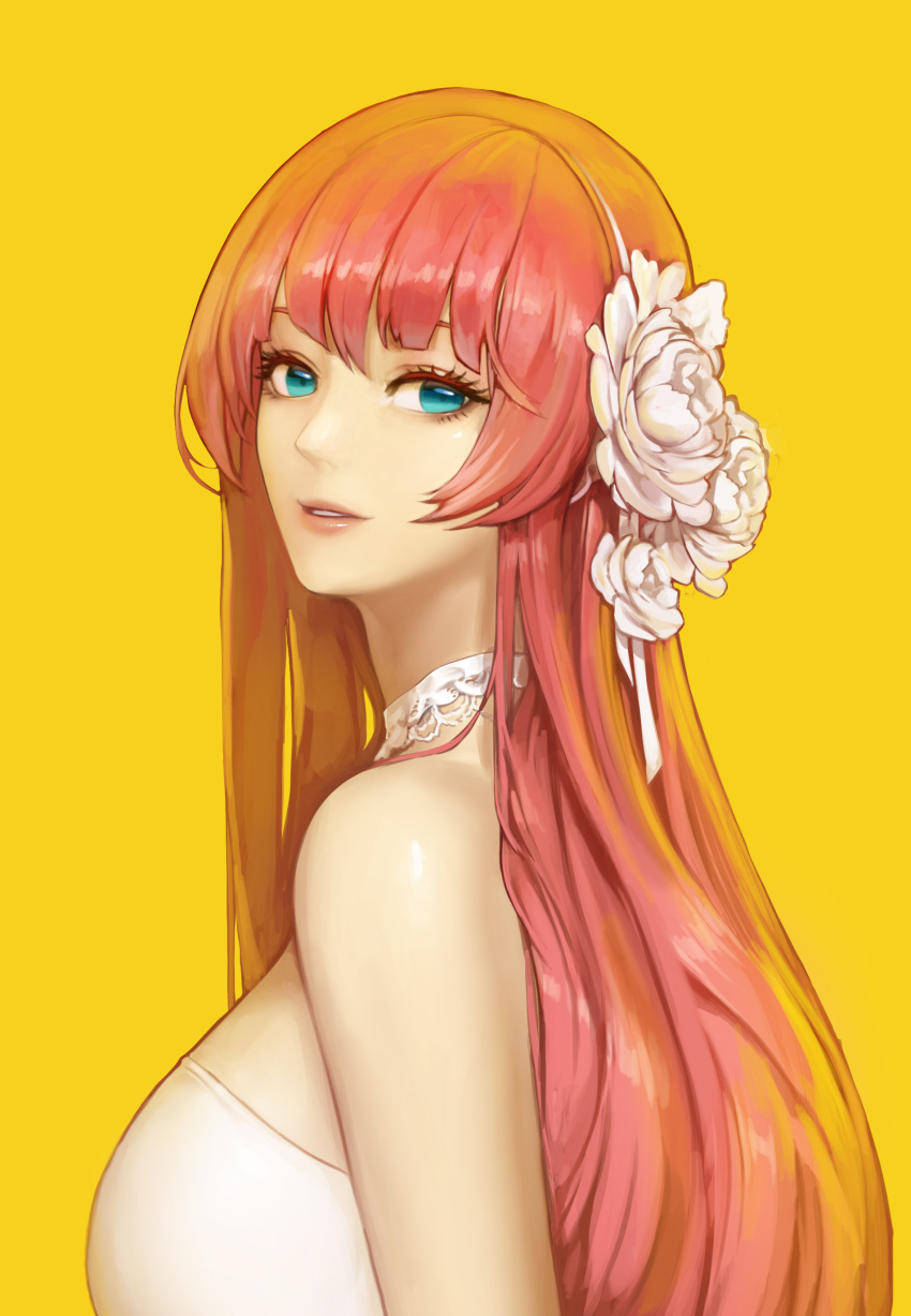 1girl absurdres bangs bare_shoulders blue_eyes breasts choker commentary dress flower hair_flower hair_ornament highres large_breasts long_hair looking_at_viewer looking_to_the_side monaim parted_lips pink_lips redhead rose simple_background smile solo white_choker white_dress white_rose yellow_background