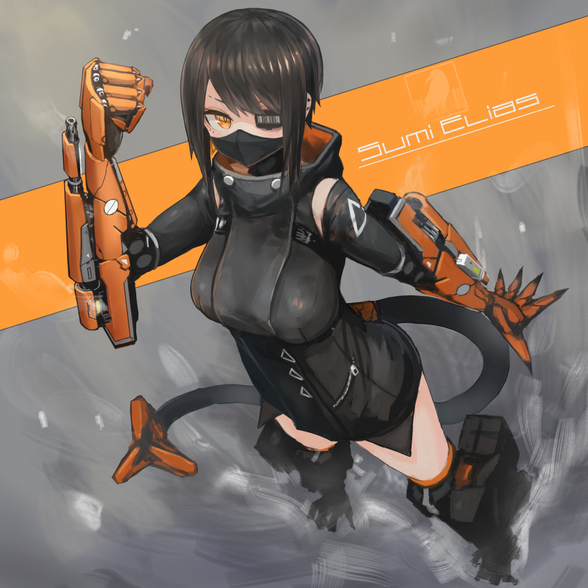 1girl absurdres bangs black_hair cyberpunk cyborg eyepatch face_mask gun highres kasagarasu looking_at_viewer looking_up mask mecha_musume mechanical_arm mechanical_legs mechanical_tail orange_eyes original science_fiction short_hair slit_pupils solo sumi_elias swept_bangs weapon