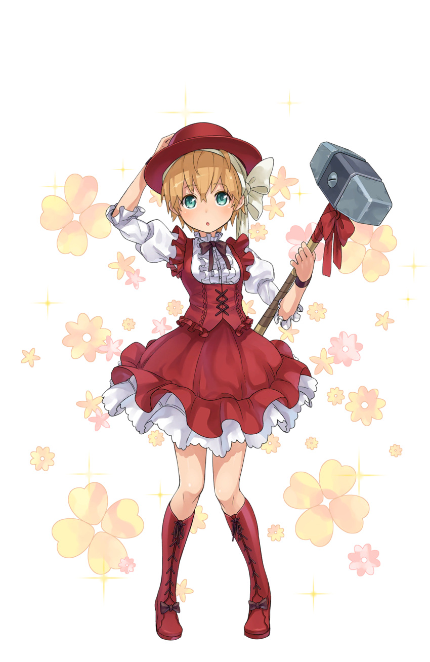 1girl blonde_hair blue_eyes boots bow cross-laced_footwear dress flower frilled_dress frills full_body hand_on_headwear hat highres jan_stanton looking_at_viewer official_art princess_principal princess_principal_game_of_mission red_boots red_hat short_hair sledgehammer standing white_bow wristband