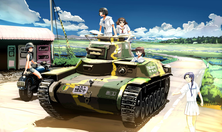 5girls black_eyes braid braided_ponytail brown_hair character_request clouds day ground_vehicle highres long_hair military military_vehicle motor_vehicle motorcycle multiple_girls nogami_takeshi ponytail purple_hair school_uniform serafuku_to_juusensha shimada_kanon short_hair sky tank type_97_chi-ha