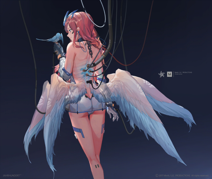1girl android arm_at_side artist_name ass bangs bare_back bare_shoulders bird black_gloves blue_eyes cable chains closed_mouth collar ear_clip feathered_wings from_behind gloves gradient gradient_background headgear highres long_hair mivit multiple_wings original profile purple_background redhead science_fiction shoulder_blades smile solo standing thigh_gap white_wings wings