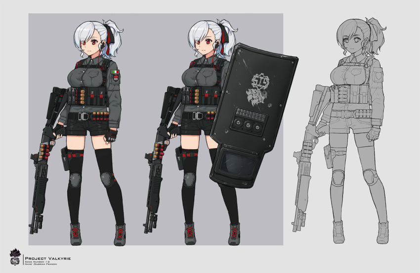 ammunition belt breasts earpiece fingerless_gloves girls_frontline gloves gun image_sample italian_flag knee_pads large_breasts shield shorts shotgun shotgun_shells spas-12 spas-12_(girls_frontline) terras thigh-highs twitter_sample weapon white_hair zettai_ryouiki