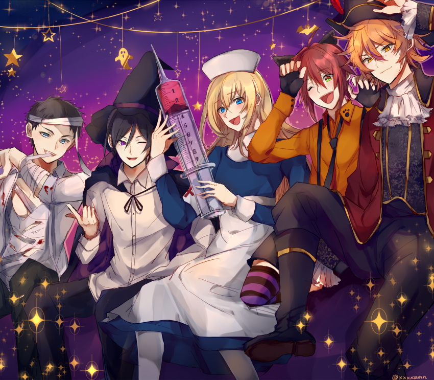 5boys :d ;d animal_ears atsushi_toushirou bandage black_gloves black_hair blonde_hair blood blue_eyes brown_eyes brown_hair cape cat_ears cravat dress fingerless_gloves gloves gotou_toushirou green_eyes grey_eyes grin halloween hat highres kneehighs large_syringe male_focus midare_toushirou multiple_boys nurse nurse_cap one_eye_closed open_mouth oversized_object pantyhose pirate_hat redhead shinano_toushirou shorts sitting smile sparkle star striped striped_legwear suna_(sngm025) syringe thigh-highs touken_ranbu trap violet_eyes witch_hat yagen_toushirou