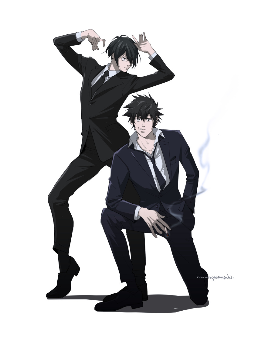 2boys absurdres black_eyes black_hair black_neckwear black_pants black_suit cigarette formal ginoza_nobuchika glasses hand_in_pocket harutan044 highres kougami_shin'ya looking_at_viewer male_focus multiple_boys necktie pants pose psycho-pass smoking suit