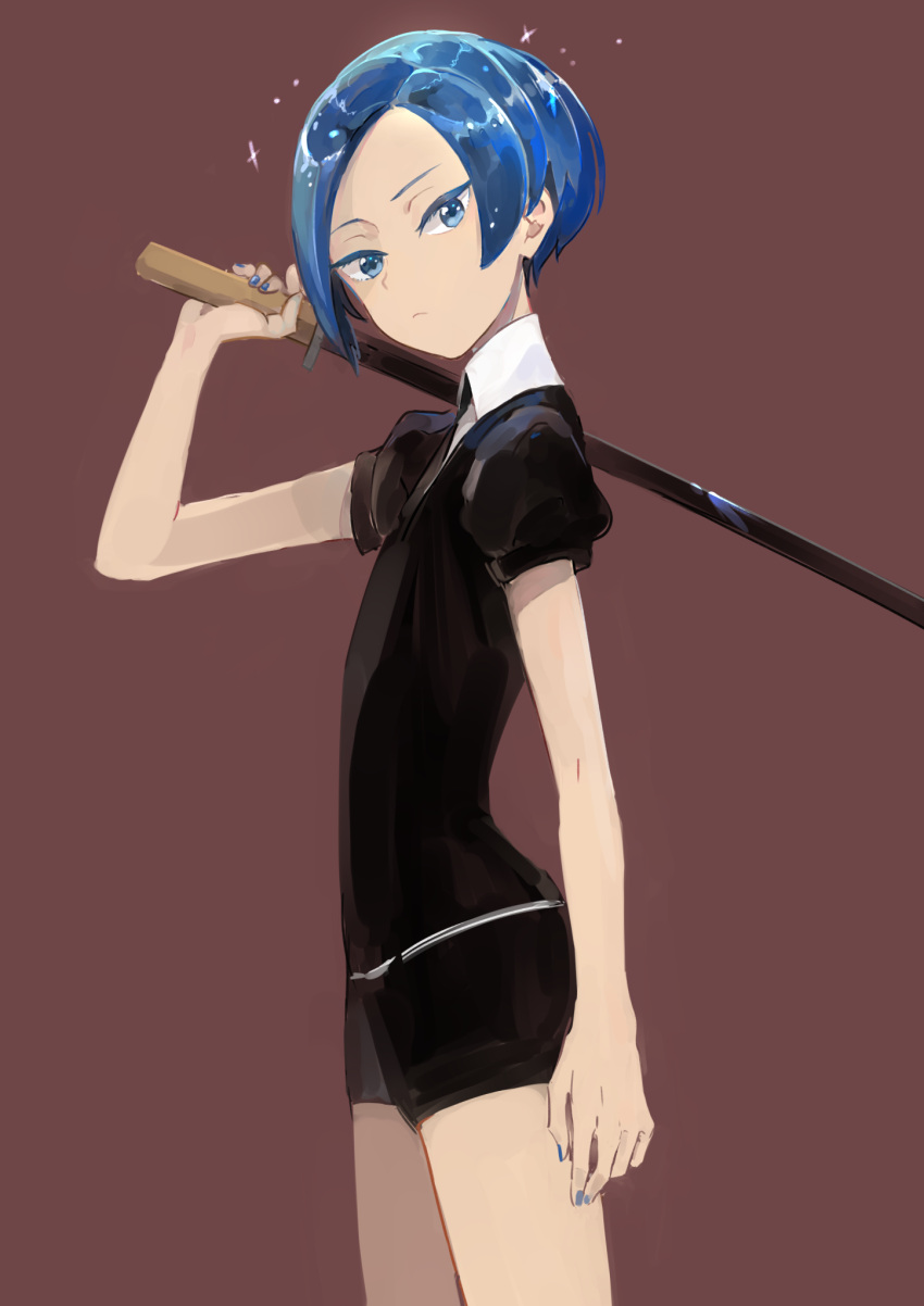 androgynous benitoite_(houseki_no_kuni) black_shirt black_shorts blue_eyes blue_hair blue_nails closed_mouth collared_shirt forehead from_side hand_up highres holding holding_sword holding_weapon houseki_no_kuni looking_at_viewer monsieur nail_polish puffy_short_sleeves puffy_sleeves shirt short_hair short_sleeves shorts sidelocks solo sword tsurime weapon whtie_shirt