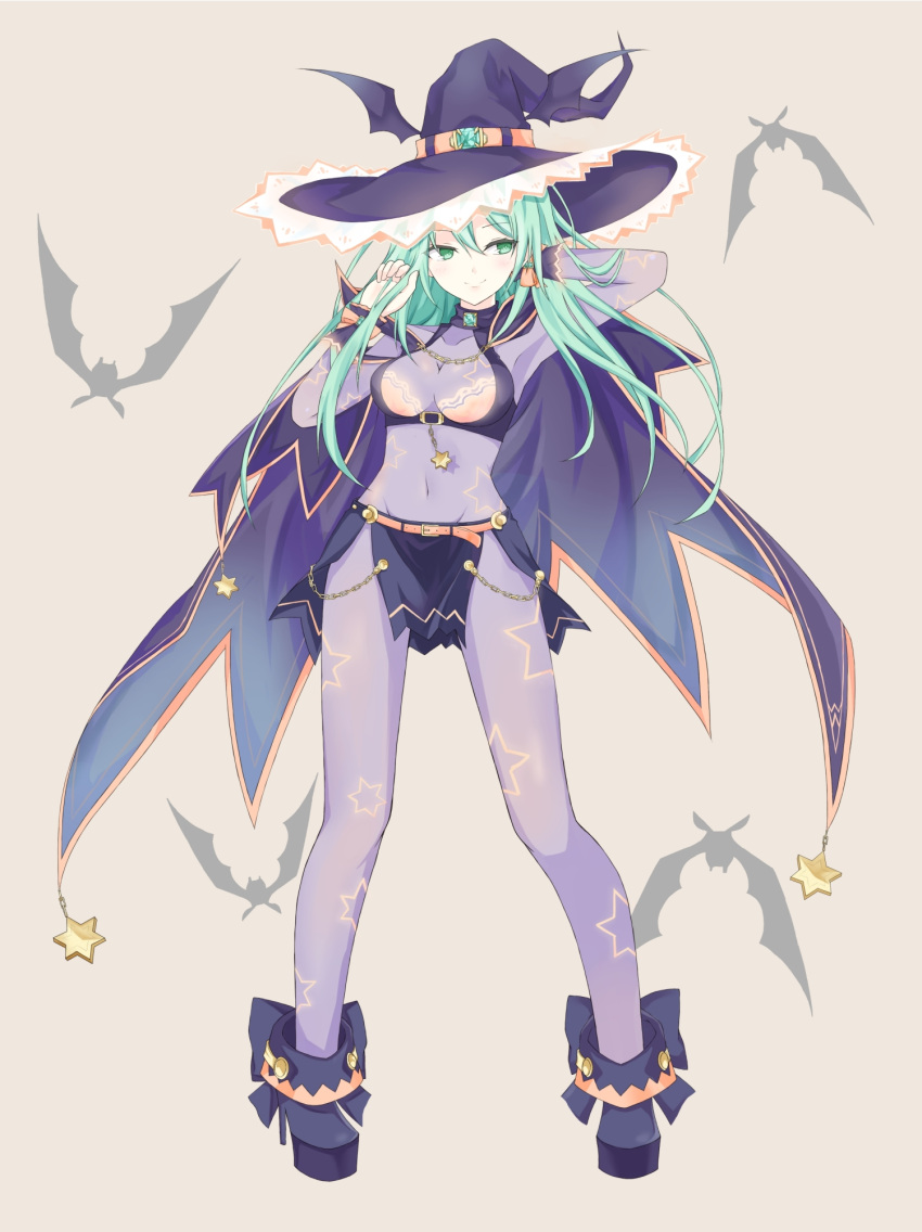 1girl bat bodysuit boots breasts cape cleavage date_a_live facing_viewer green_eyes green_hair hand_behind_head hands_up hat highres jewelry long_hair medium_breasts natsumi_(date_a_live) navel see-through star star_print white_l witch_hat