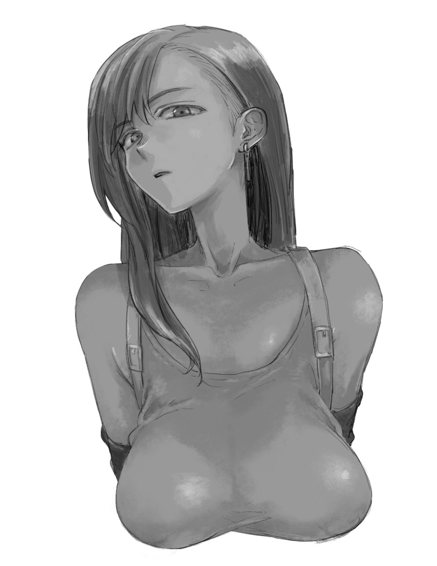 1girl arms_at_sides asymmetrical_bangs bangs belt_buckle breasts buckle commentary_request earrings final_fantasy final_fantasy_vii greyscale highres jewelry kotoyama large_breasts long_hair monochrome parted_lips single_sidelock solo tank_top tifa_lockhart upper_body white_background