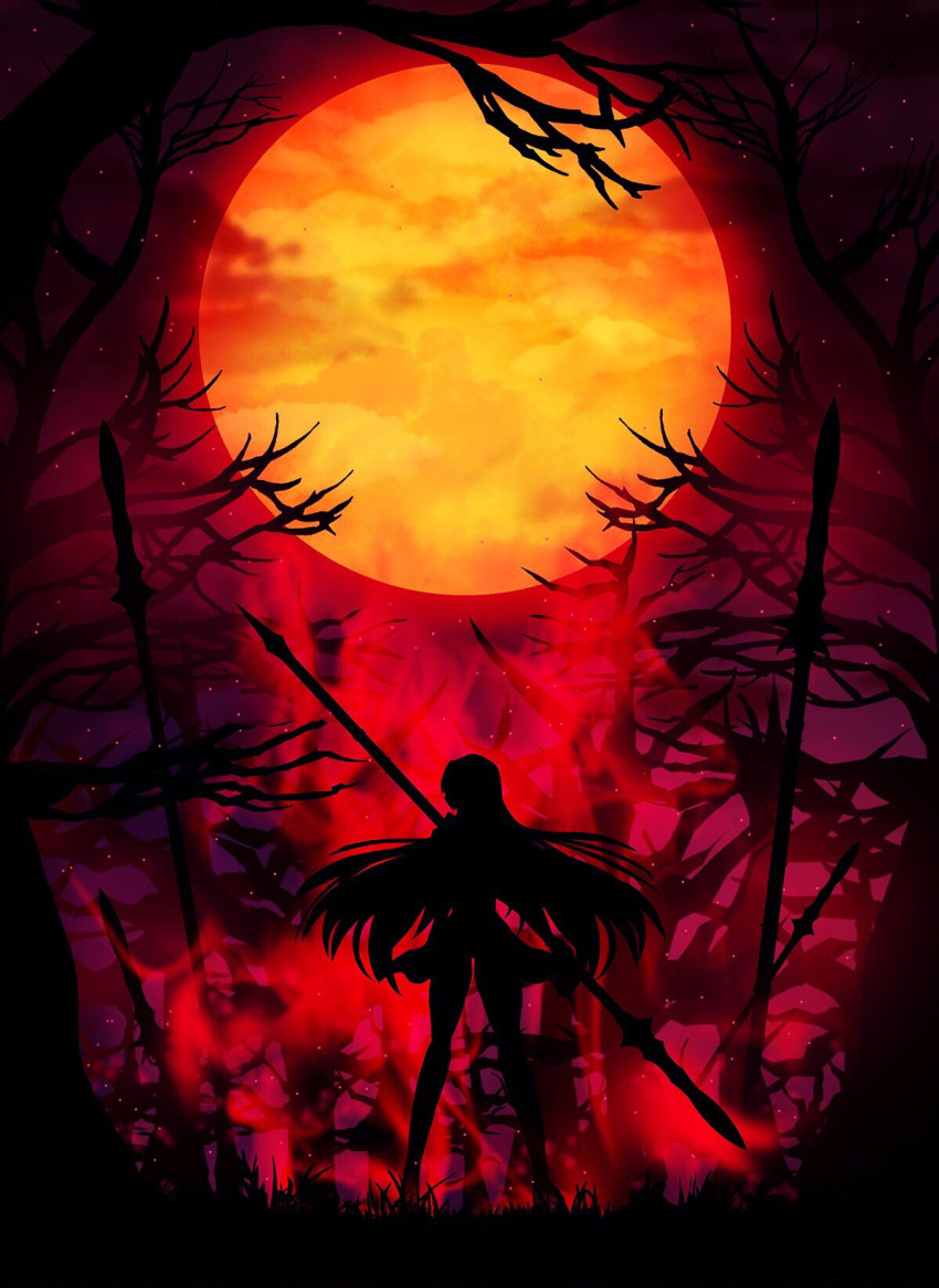 1girl aura fate_(series) forest full_moon gae_bolg grass harada_miyuki highres holding holding_weapon legs_apart long_hair moon nature night polearm profile purple_sky scathach_(fate/grand_order) silhouette sky solo spear star_(sky) starry_sky tree weapon