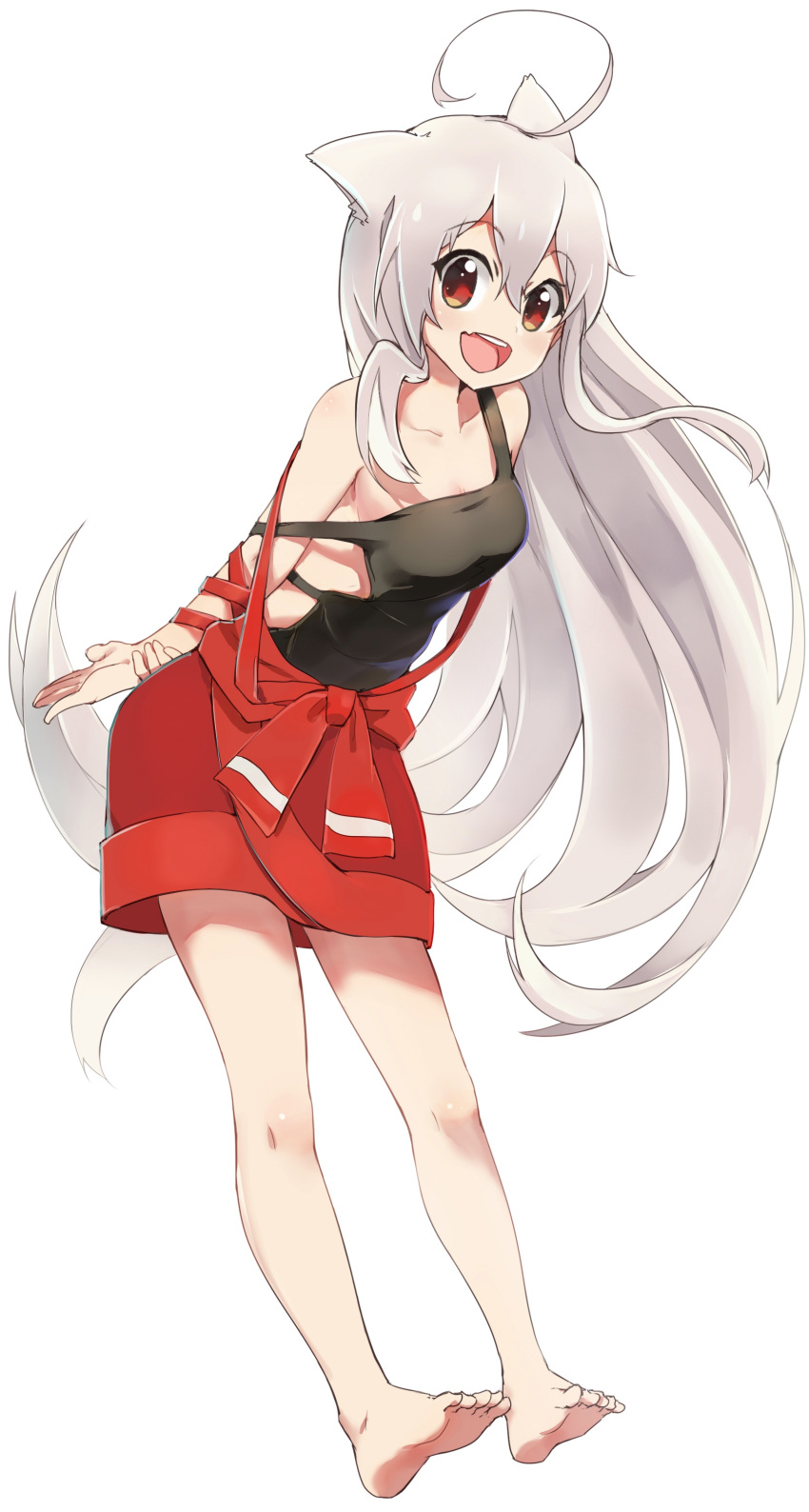 1girl :d absurdres ahoge animal_ears arms_behind_back backless_outfit bangs bare_legs barefoot black_shirt breasts chiya_(urara_meirochou) cleavage collarbone dog_ears dog_tail eyebrows_visible_through_hair full_body hair_between_eyes highres kemonomimi_mode leaning_forward long_hair looking_at_viewer medium_breasts open_mouth red_eyes red_skirt shirt silver_hair simple_background skirt sleeveless sleeveless_shirt smile solo strap_slip tail toes urara_meirochou very_long_hair white_background xiaoyu