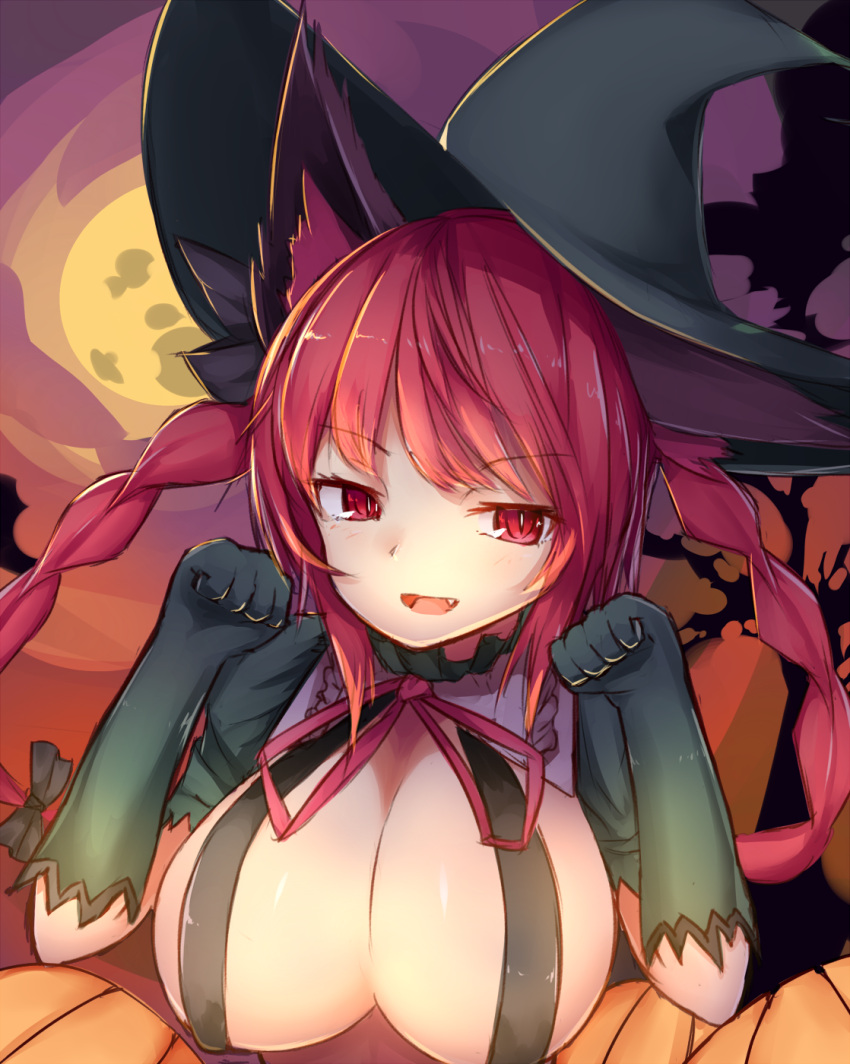 1girl :d alternate_breast_size alternate_costume animal_ears bangs black_bow black_hat blush bow braid breasts bright_pupils cat_ears cleavage elbow_gloves eyebrows_visible_through_hair fang frills full_moon gloves green_gloves hair_bow halloween hands_up hat highres kaenbyou_rin large_breasts long_hair looking_at_viewer moon open_mouth paw_pose red_eyes red_ribbon ribbon shiny shiny_skin slit_pupils smile solo touhou twin_braids uchisukui upper_body witch_hat