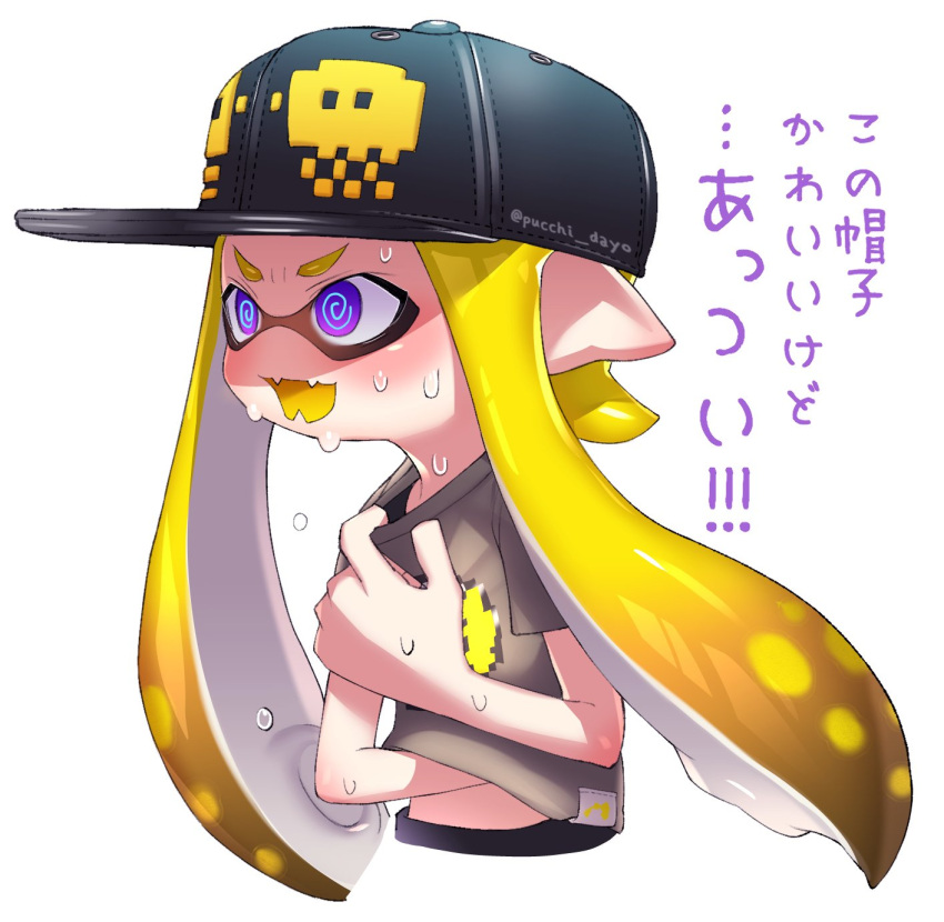 1girl blonde_hair blue_eyes commentary crazy_eyes domino_mask fangs hat highres inkling mask monster_girl pointy_ears puchiman shirt splatoon sweat t-shirt tentacle_hair translated