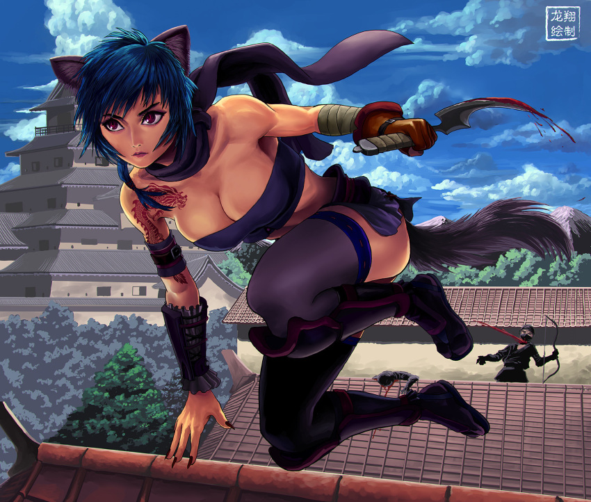 1girl animal_ears arm_tattoo blood blue_hair breasts cat_ears cat_tail catamancer cleavage commentary death decapitation fingernails greaves highres holding holding_weapon jumping large_breasts making_of ninja purple_legwear reverse_grip ryu_shou sandals scarf sharp_fingernails short_sword slit_pupils solo_focus strapless sword tabi tail tattoo thigh-highs tubetop vambraces violet_eyes weapon