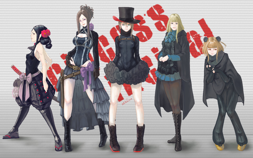 5girls a_ichiro ange_(princess_principal) bangs beatrice_(princess_principal) blonde_hair blunt_bangs brown_hair dorothy_(princess_principal) hat highres multiple_girls princess_(princess_principal) princess_principal top_hat toudou_chise