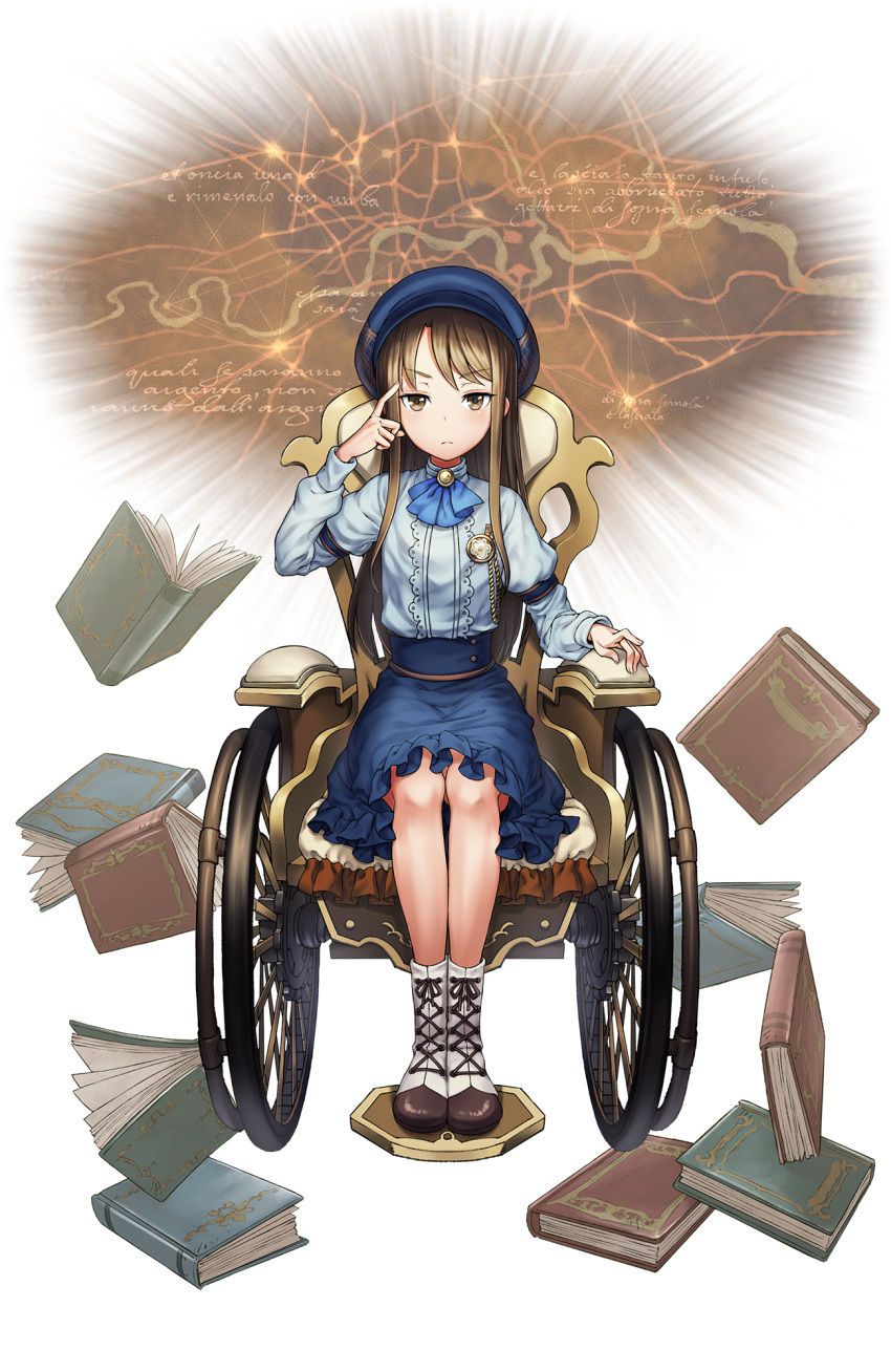 1girl blue_hat blue_skirt book brown_eyes brown_hair full_body hat highres index_finger_raised long_hair looking_at_viewer official_art pocket_watch princess_principal princess_principal_game_of_mission shirley_collins shoes sitting skirt solo transparent_background watch wheelchair white_shoes